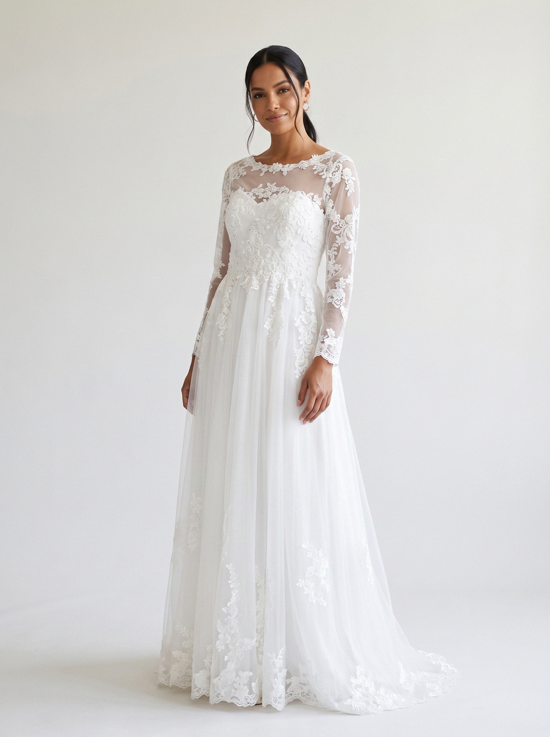 Vestido de noiva corte A de renda manga longa da Koisa Linda