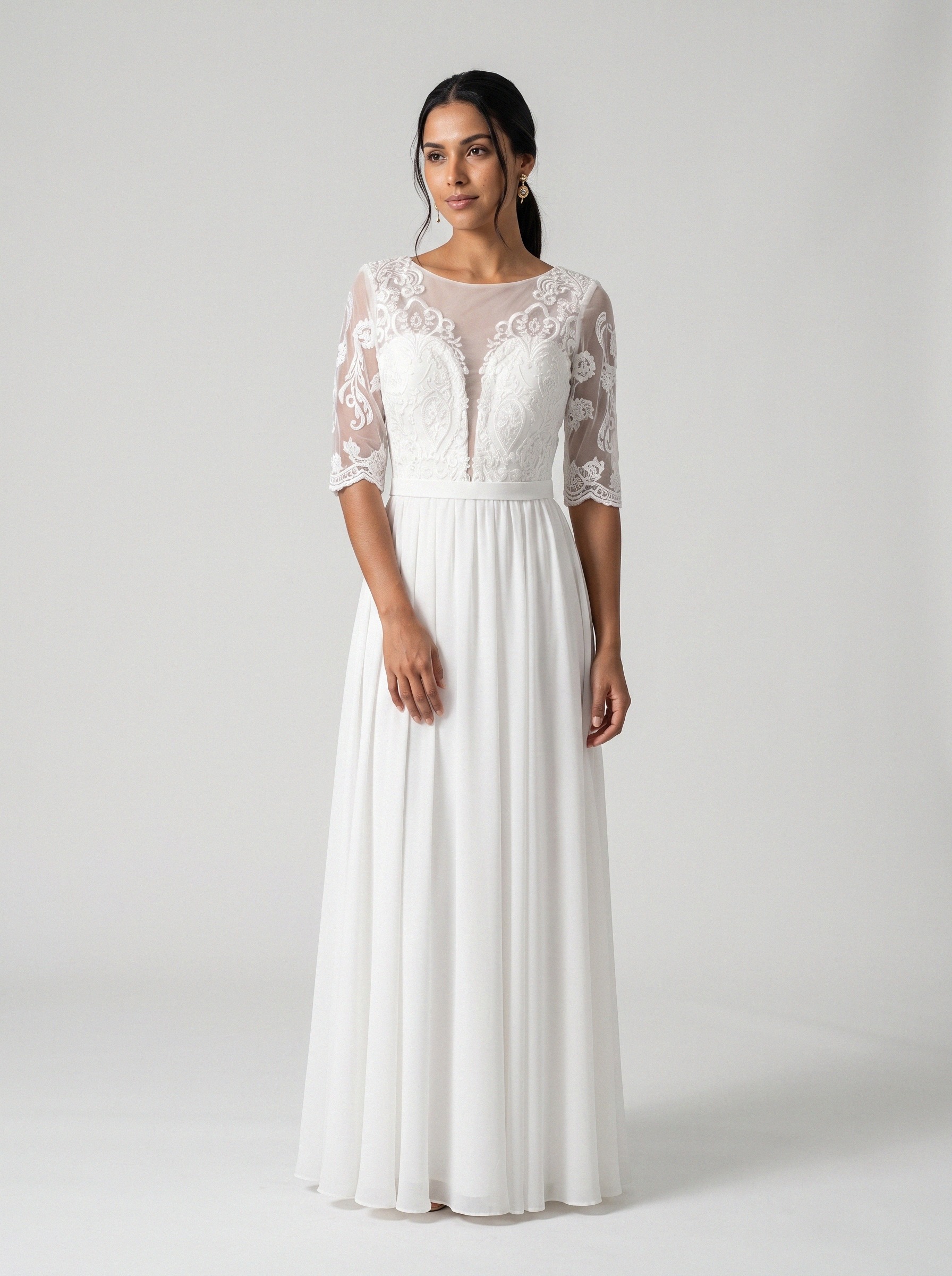 Vestido de noiva corte A de renda manga 3/4 da Koisa Linda