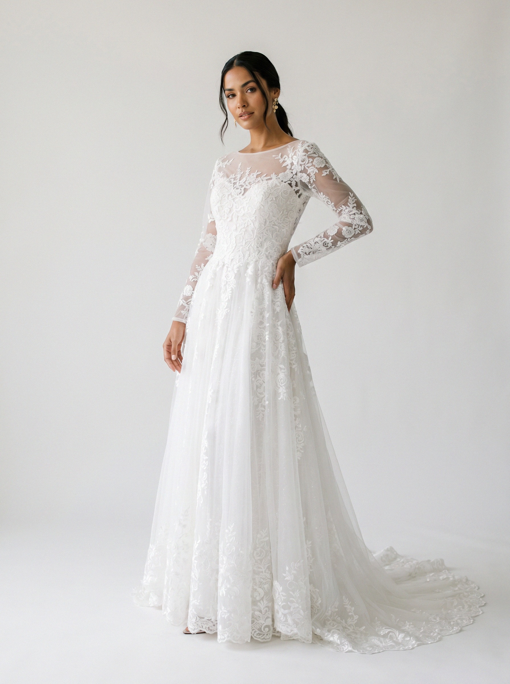 Vestido de noiva corte A de renda manga longa da Koisa Linda