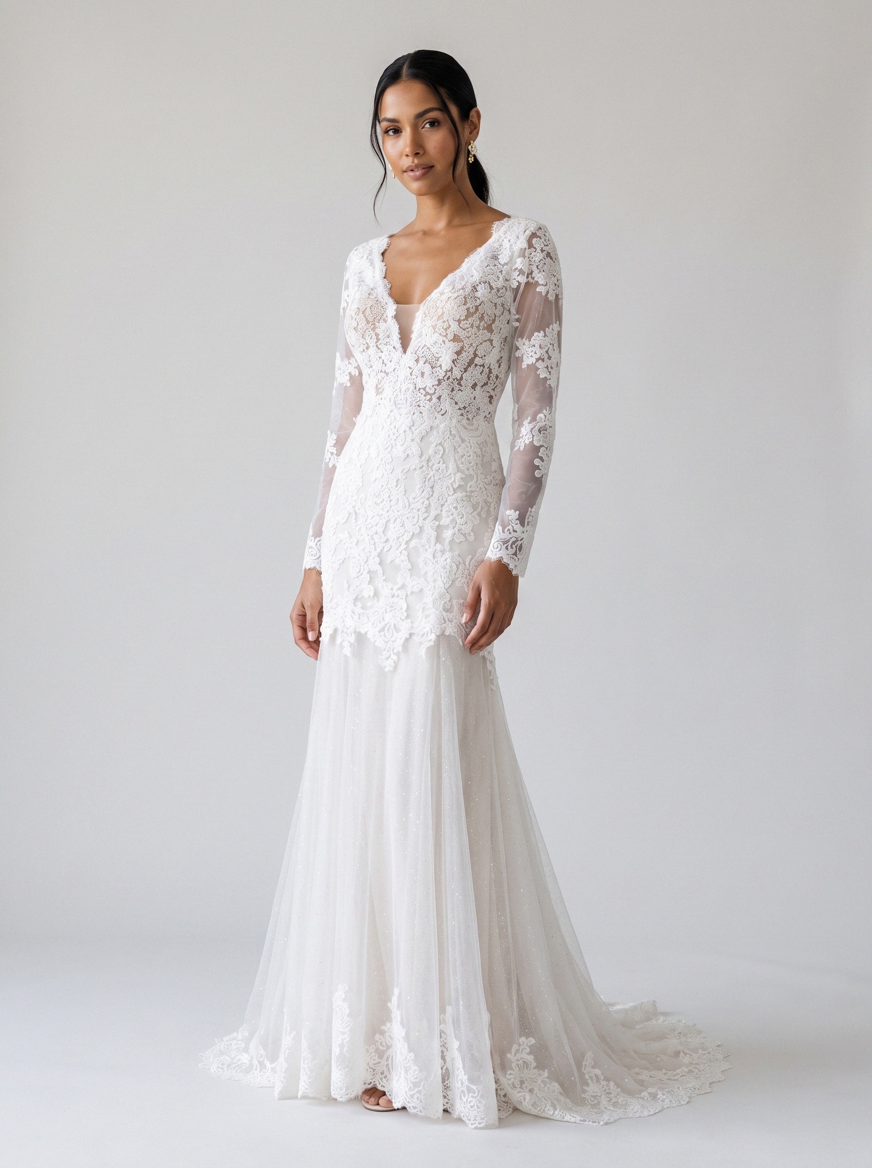 Vestido de noiva semi-sereia de renda manga longa da Koisa Linda