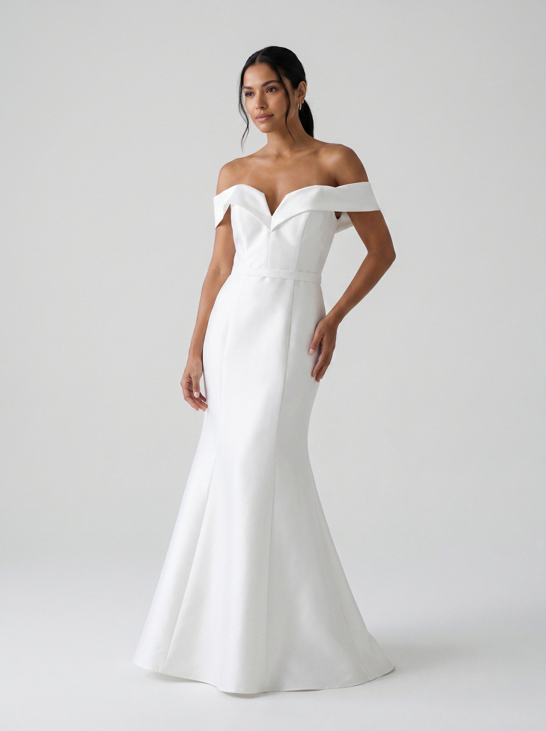 Vestido de noiva sereia de zibeline ombro a ombro da Koisa Linda