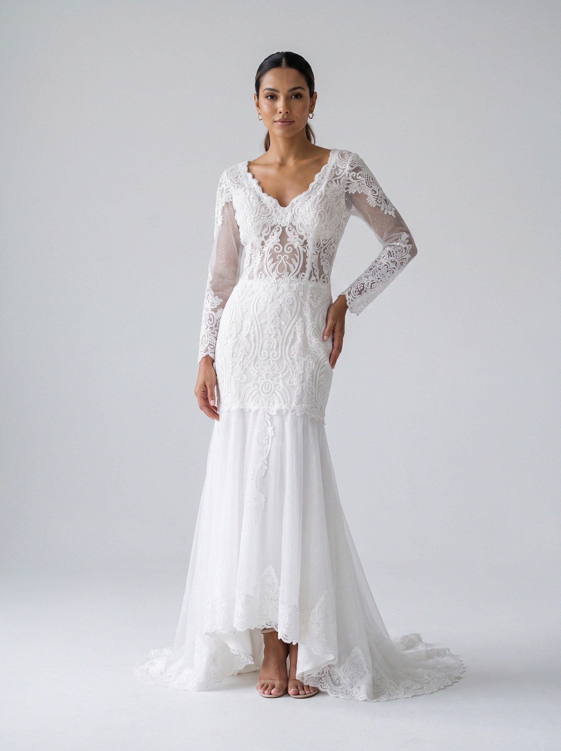 Vestido de noiva semi-sereia de renda manga longa da Koisa Linda