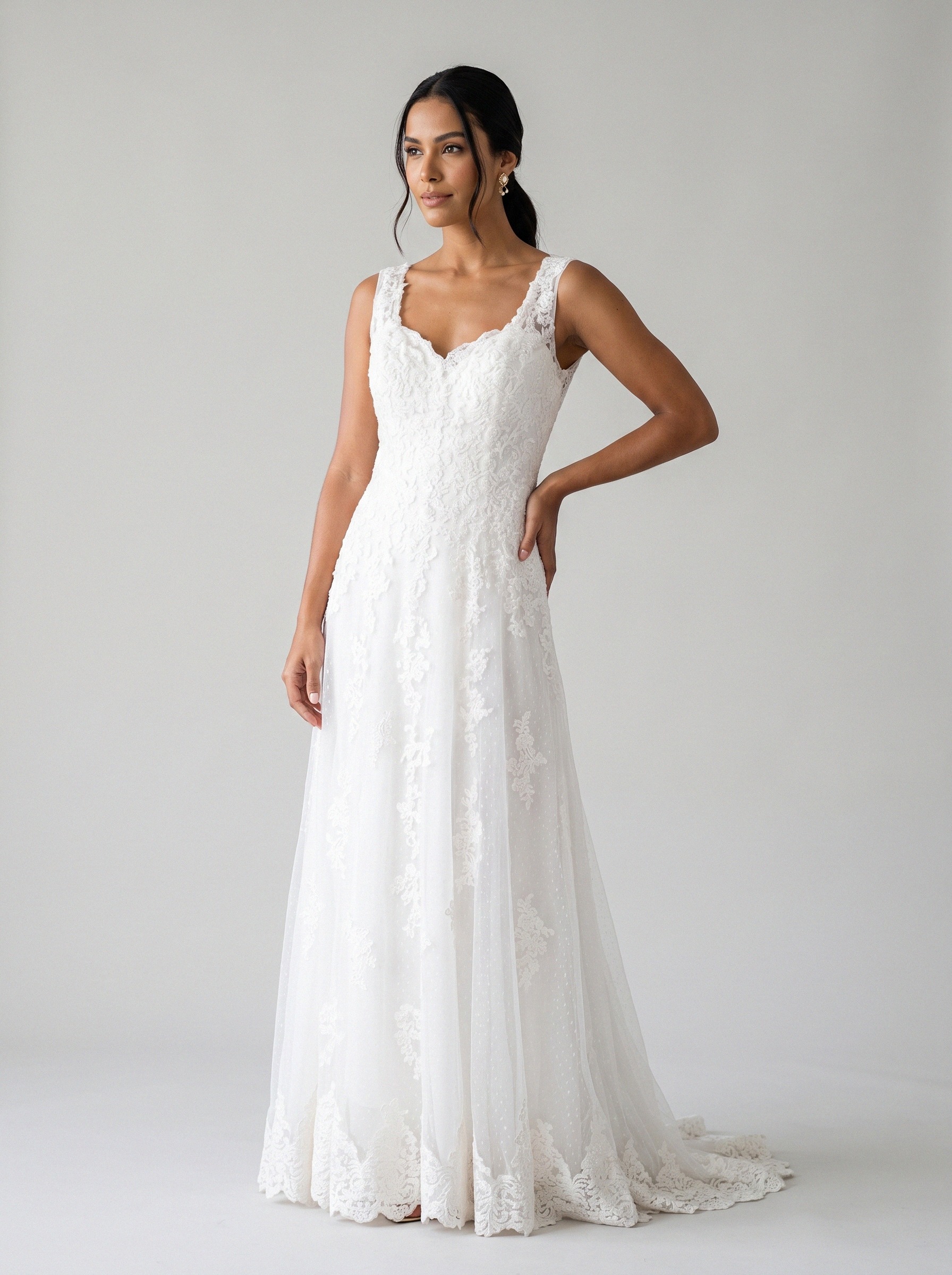 Vestido de noiva corte A de renda alça larga da Koisa Linda