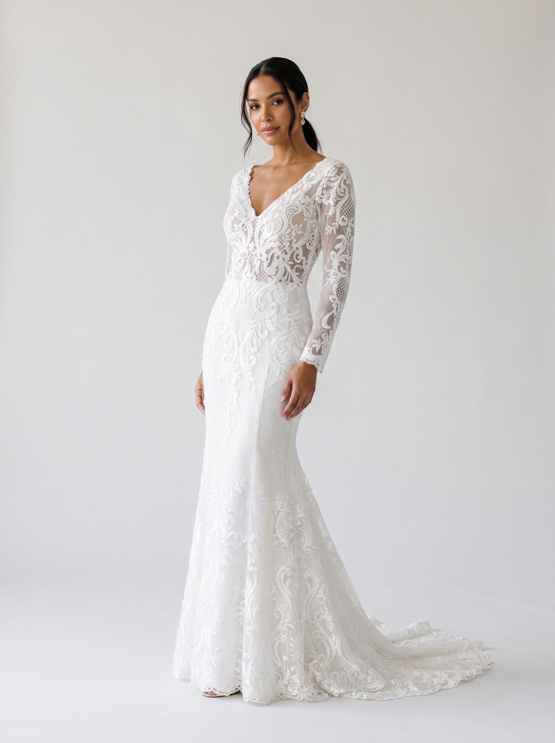Vestido de noiva sereia de renda manga longa da Koisa Linda