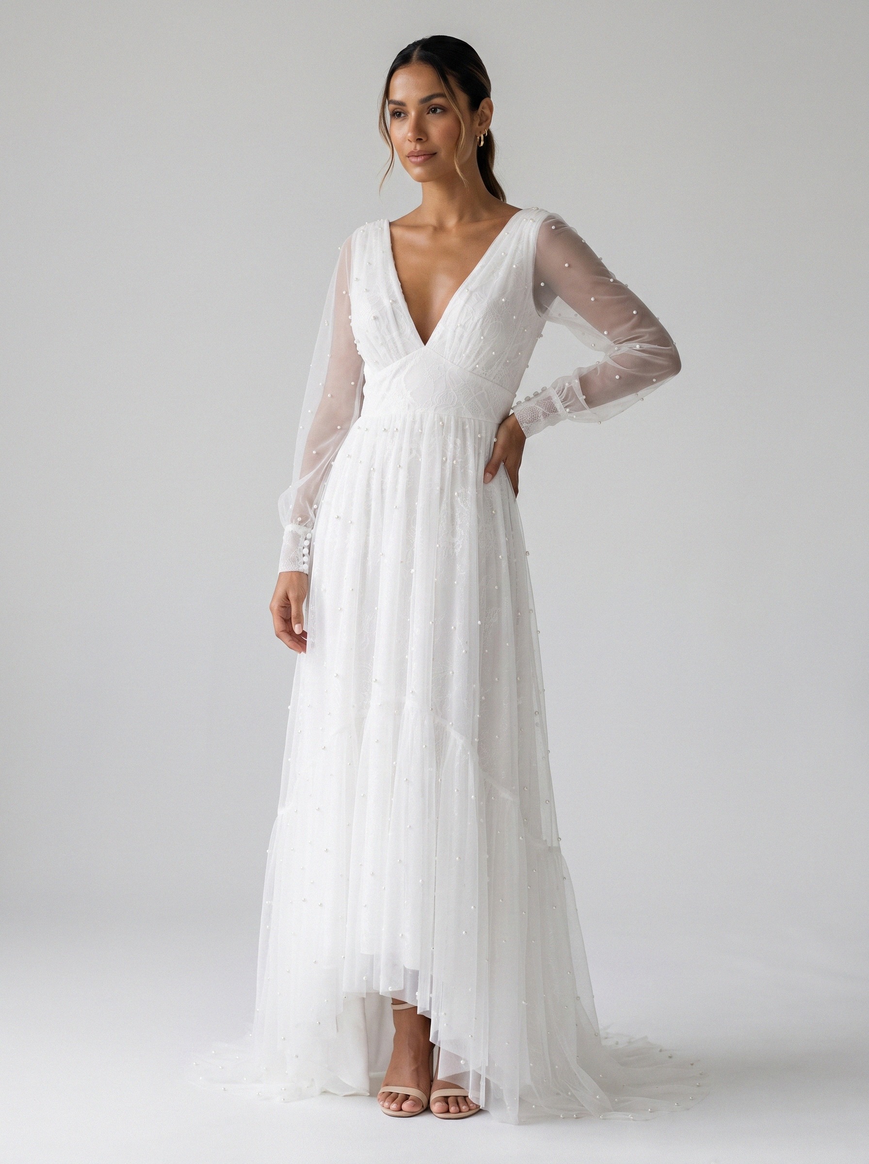 Vestido de noiva corte A de tule manga longa da Koisa Linda