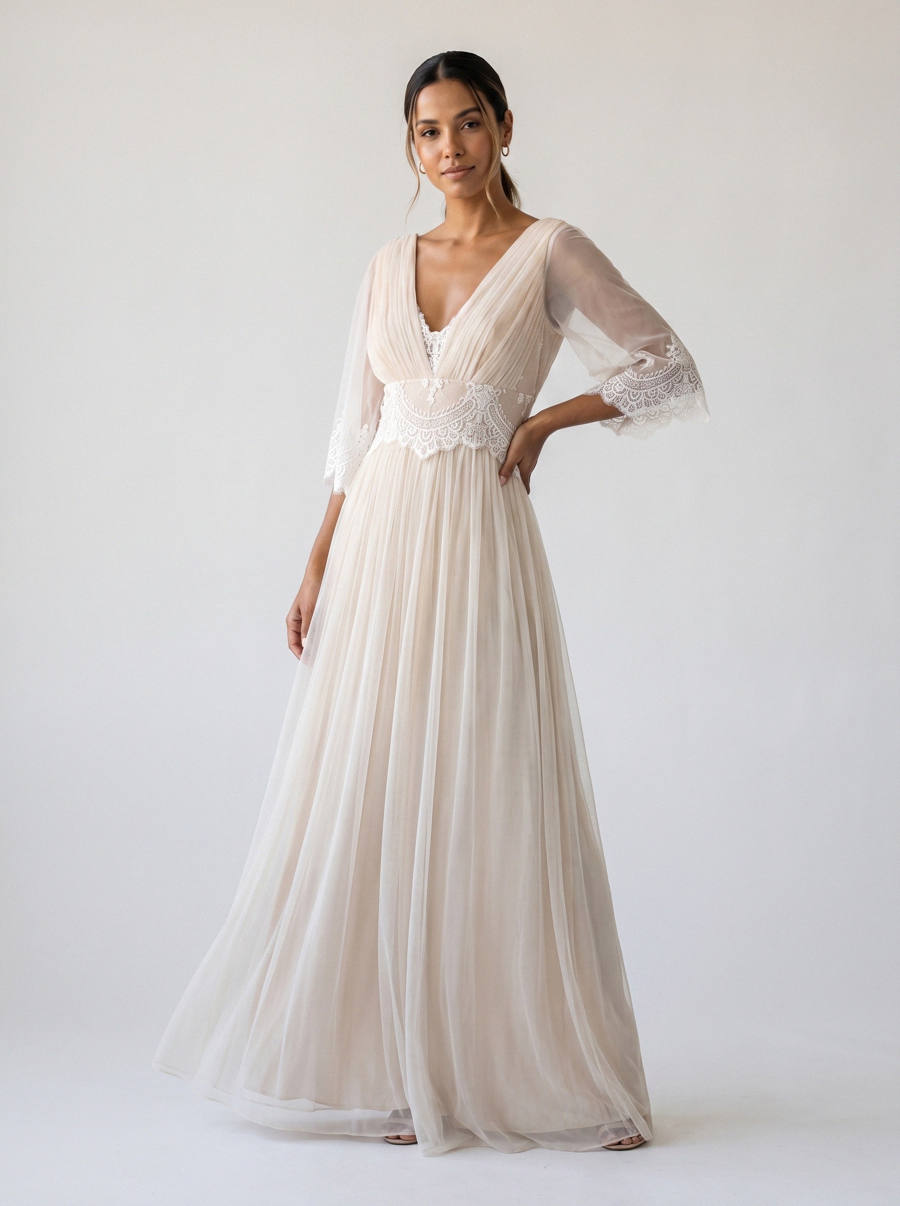 Vestido de noiva corte A de tule manga 3/4 da Koisa Linda