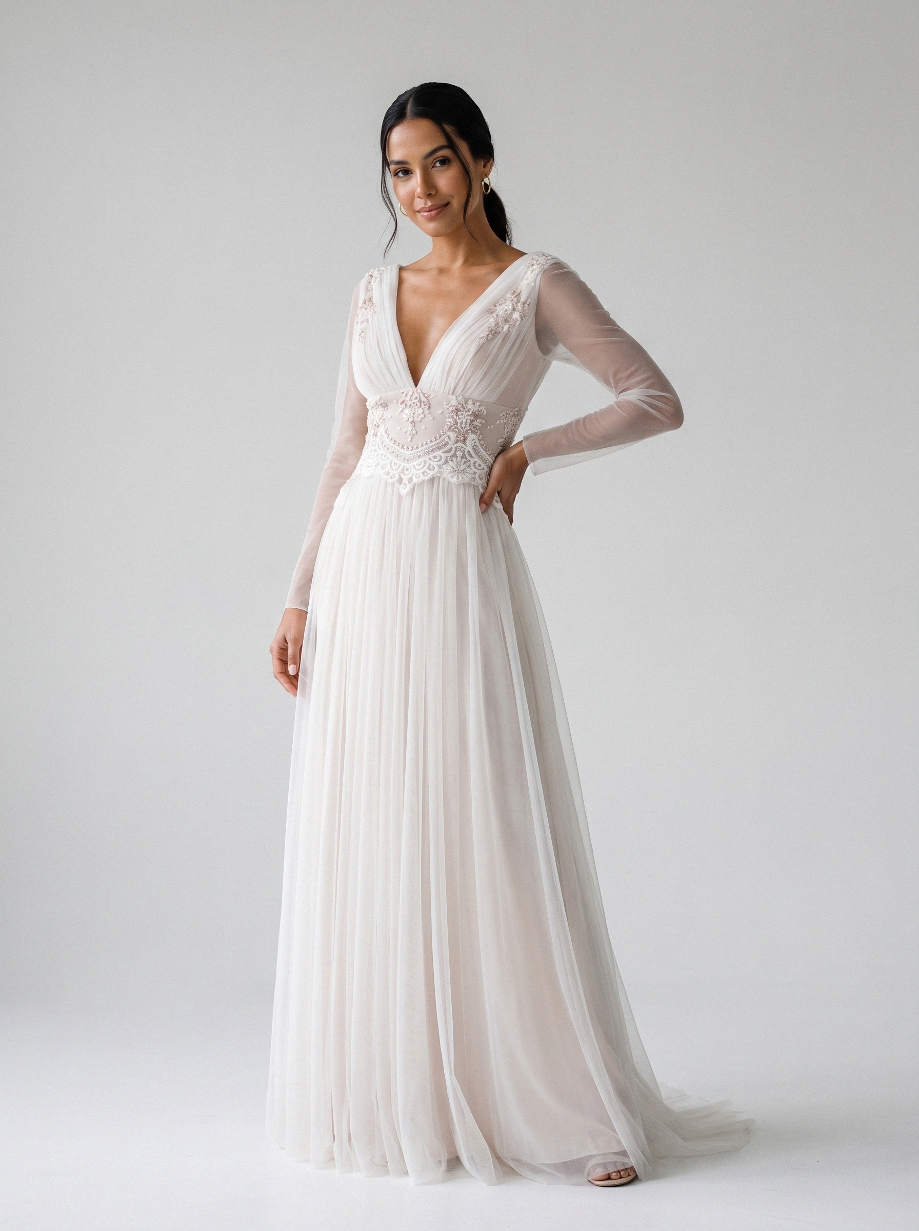 Vestido de noiva corte A de tule manga longa da Koisa Linda