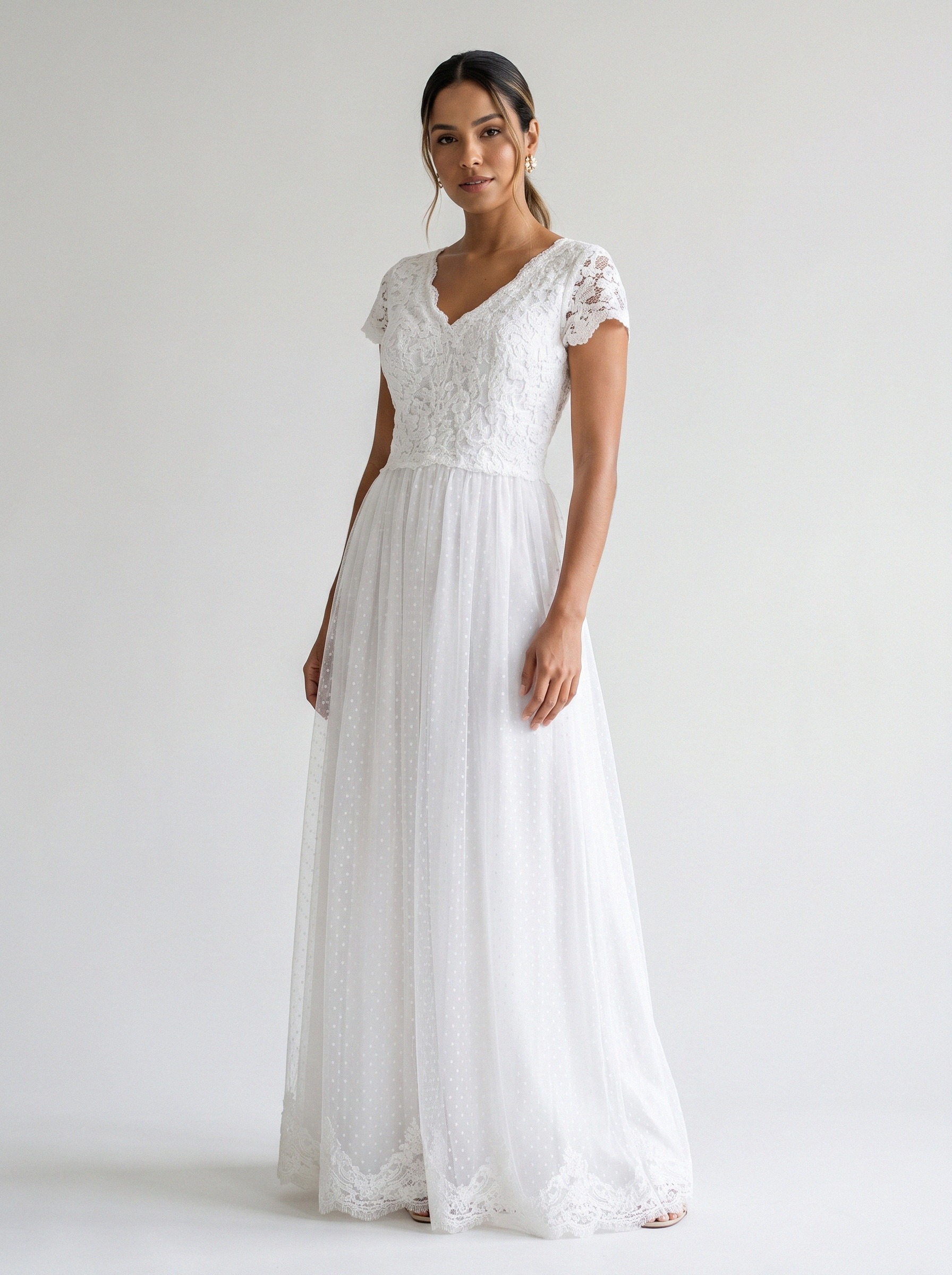 Vestido de noiva corte A de renda manga 3/4 da Koisa Linda