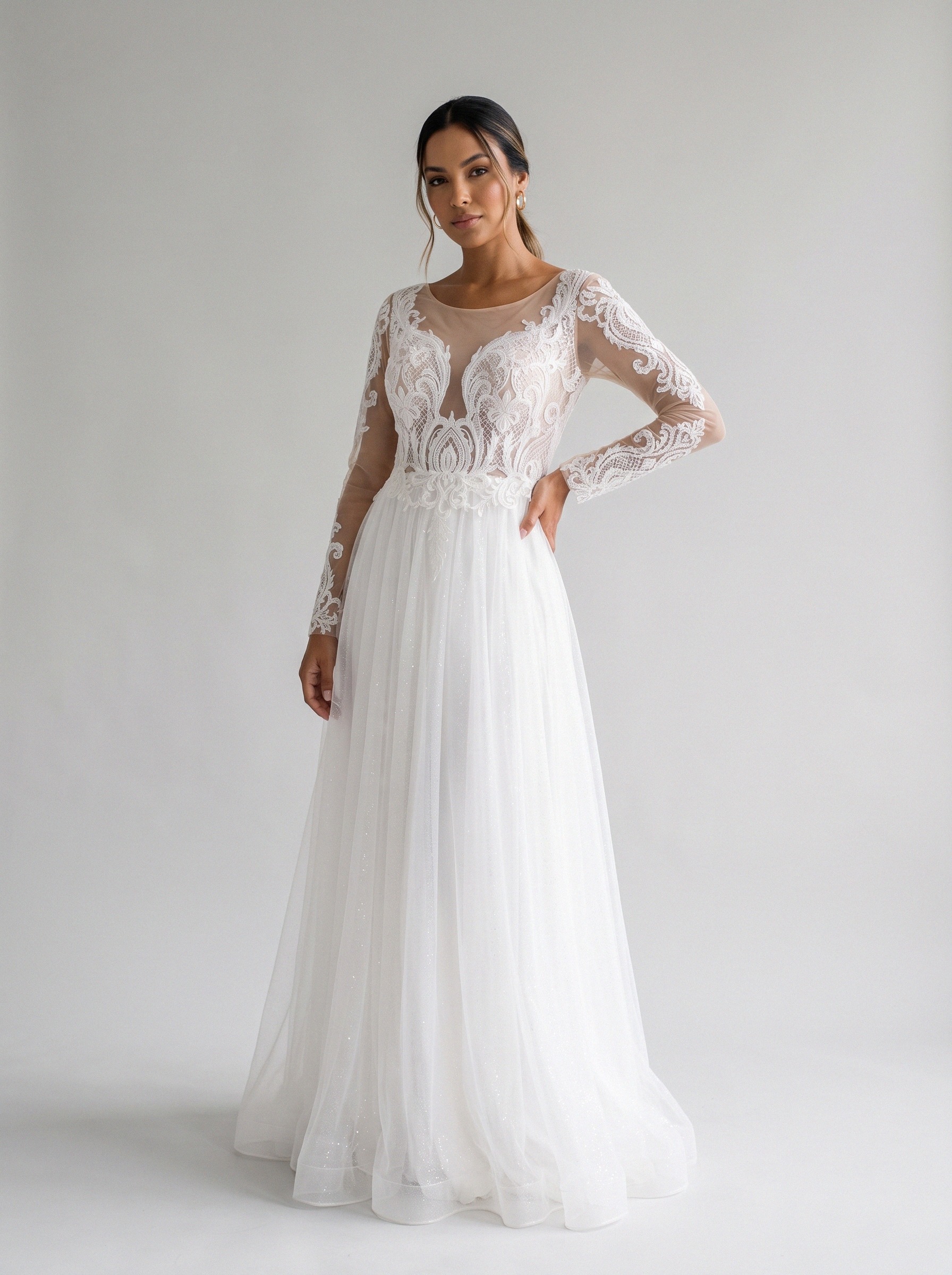 Vestido de noiva corte A de renda manga longa da Koisa Linda