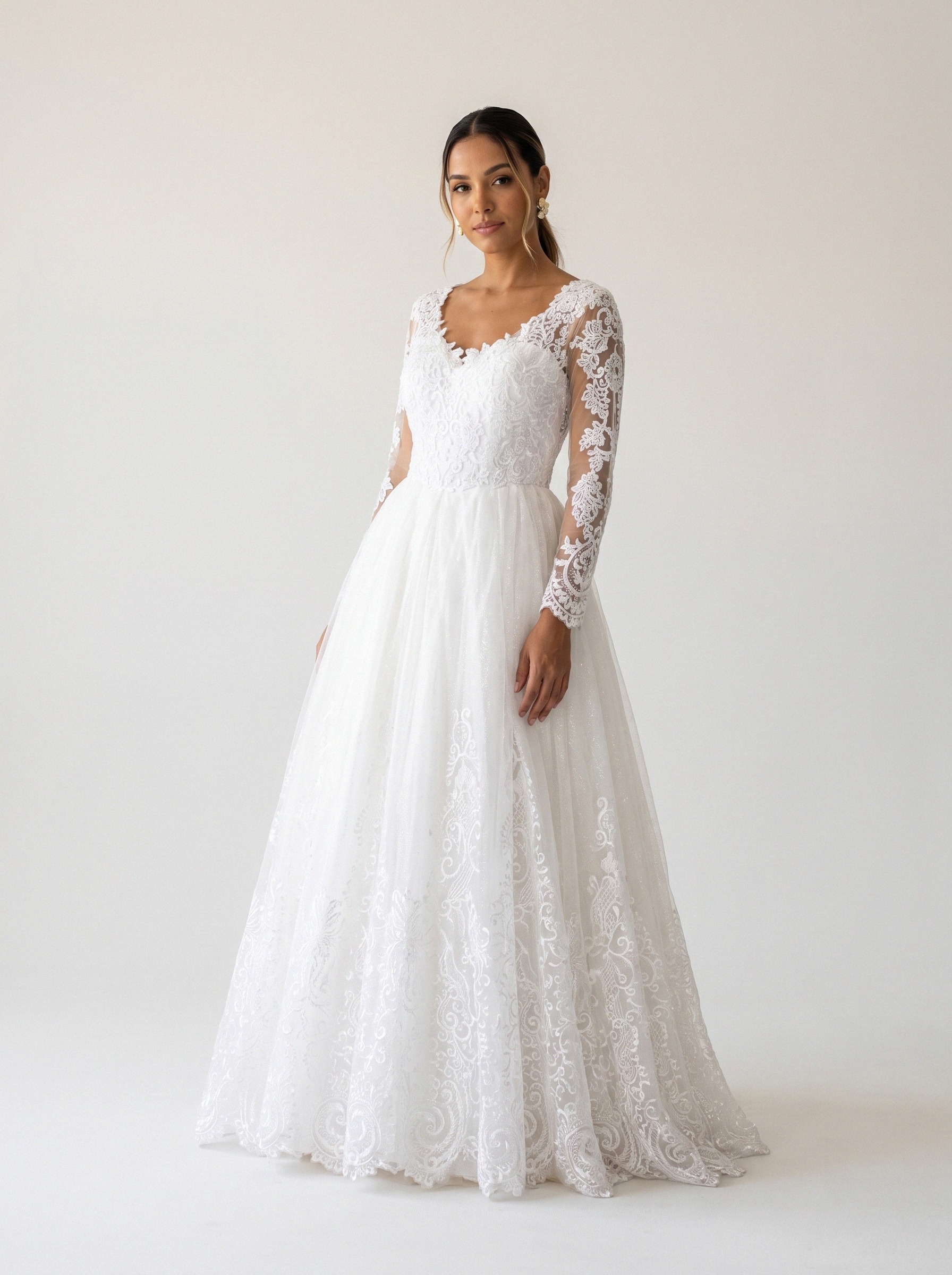 Vestido de noiva corte A de renda manga longa da Koisa Linda