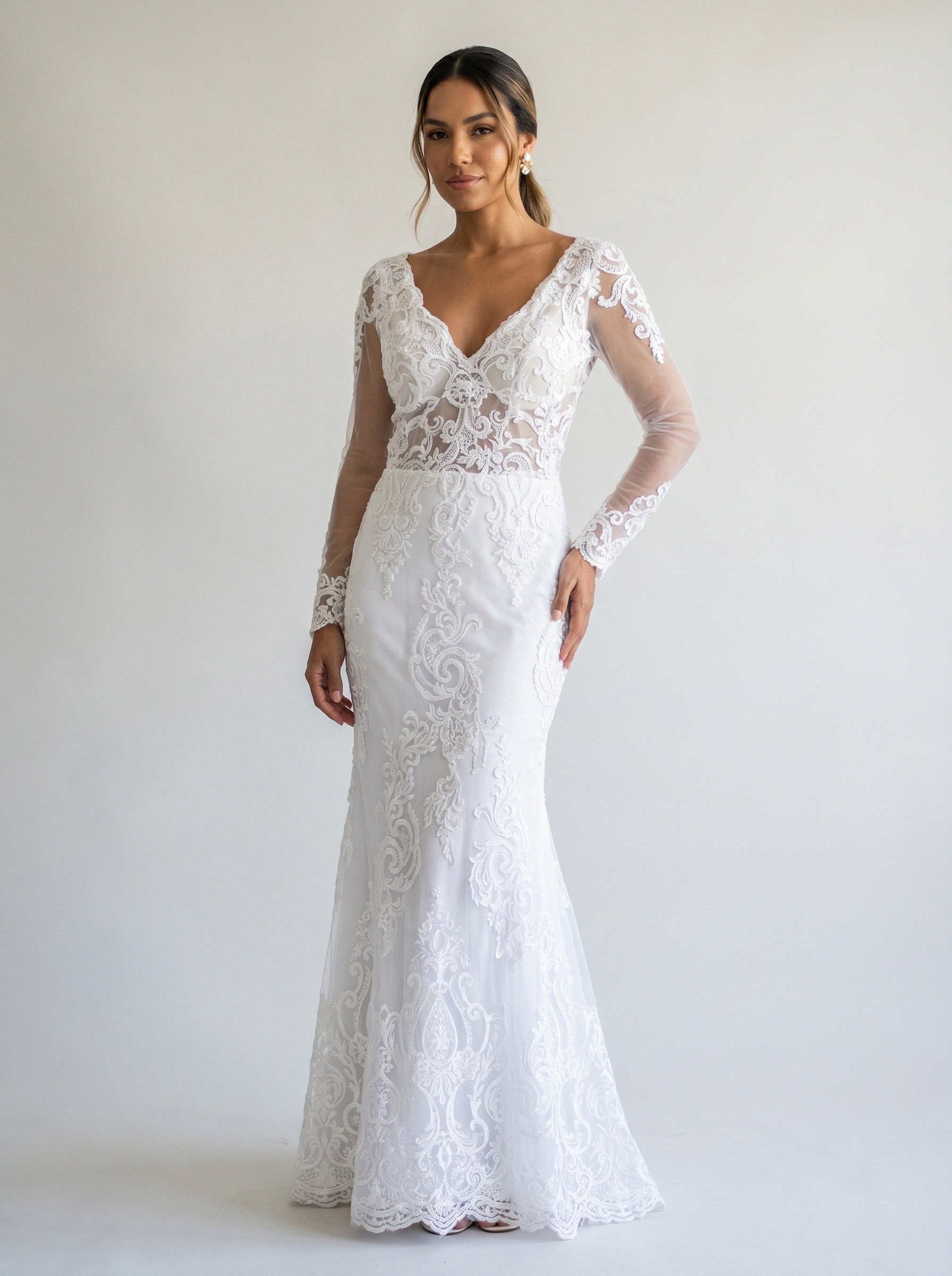 Vestido de noiva sereia de renda manga longa da Koisa Linda