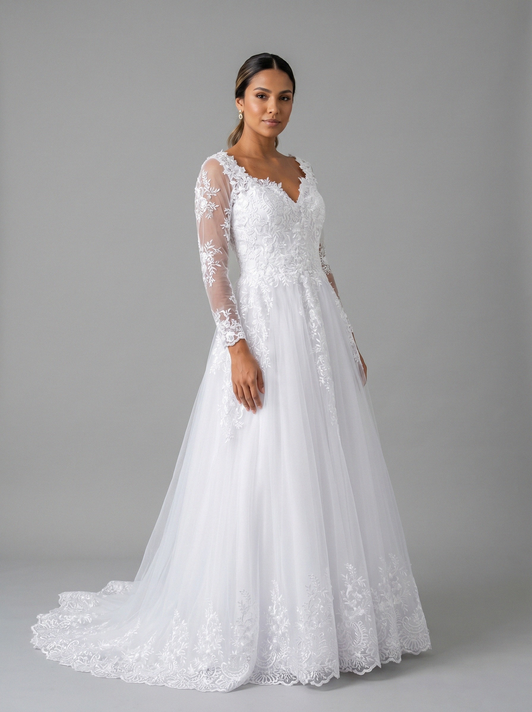 Vestido de noiva corte A de renda manga longa da Koisa Linda